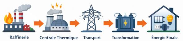 &eacute;tapes de transformation &eacute;lectricit&eacute; de l'&eacute;nergie primaire &agrave; l'&eacute;nergie finale